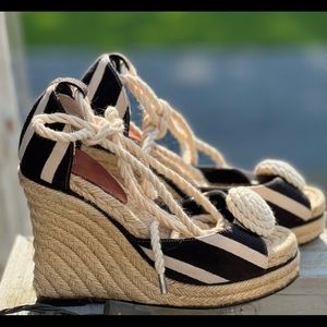 Kate Spade women’s size 6 Black and Tan wedge tie at ankle espadrille sandal